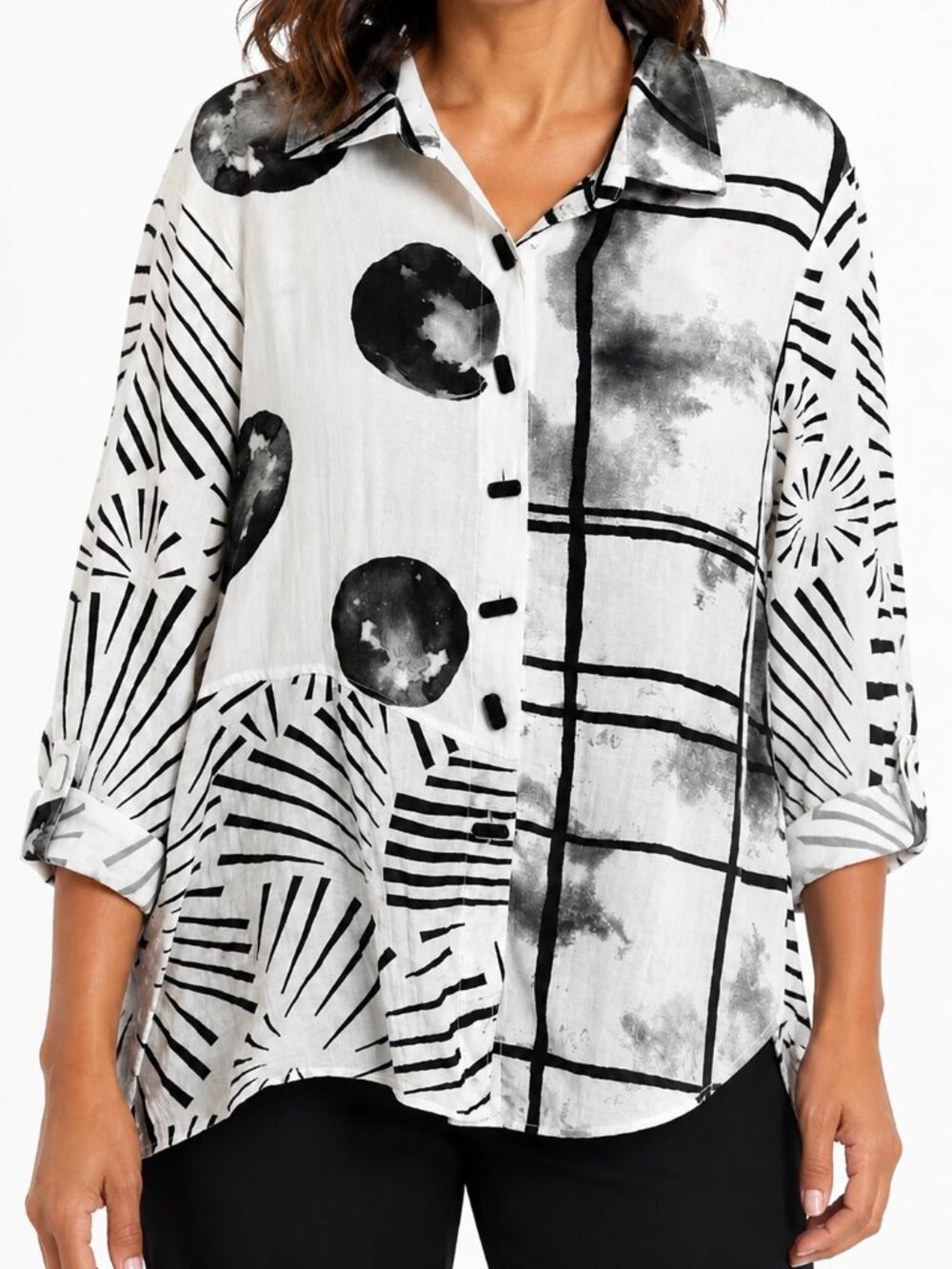 Ali Miles Black White Abstract Geometric Button-Down Blouse